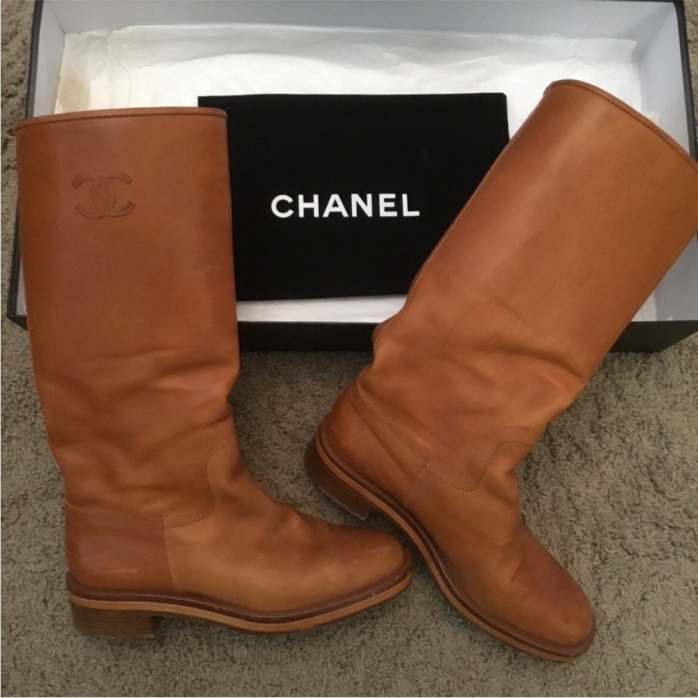 CHANEL Russet Congac Leather knee high riding boots 7.5 37.5 - Picture 12 of 12
